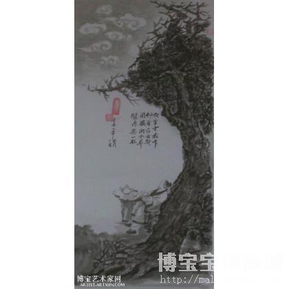 独坐古松下 工笔人物画 山野老翁作品 类别: 工笔人物画